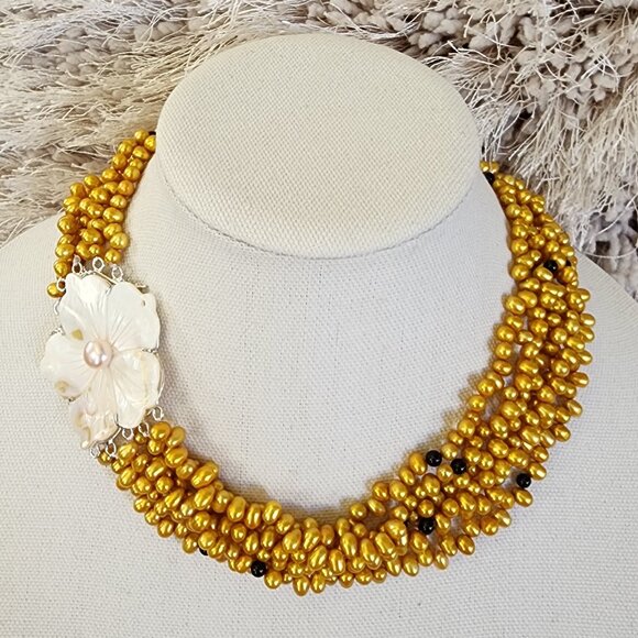 Multi Strand Freshwater Gold Pearl Necklace Choker 925 Sterling Silver Clasp - Picture 3 of 11